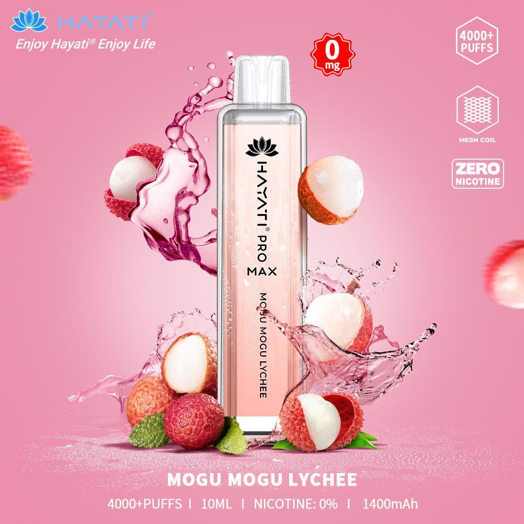 Hayati Pro Max Mogu Mogu Lychee vape device on a pink background with lychees and liquid splashes.