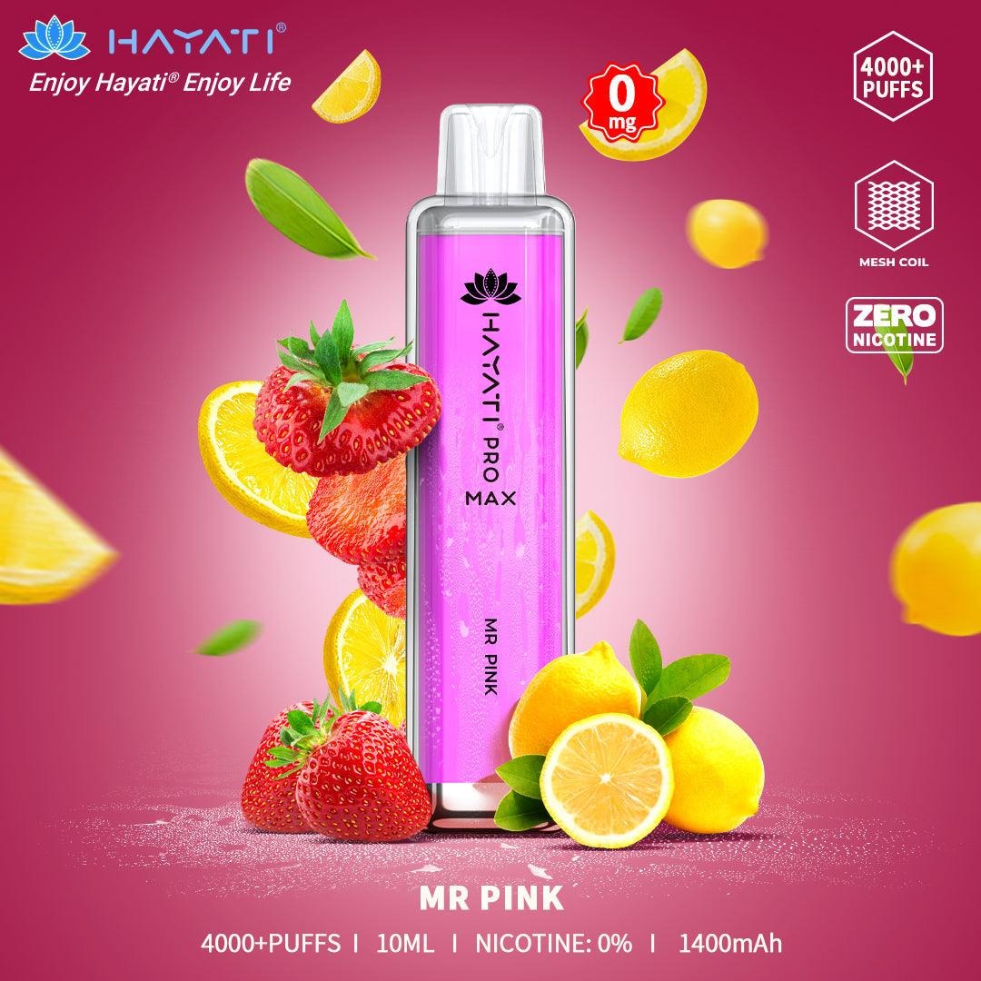 Hayati vape device with pink packaging surrounded by lemons and strawberries on a pink background