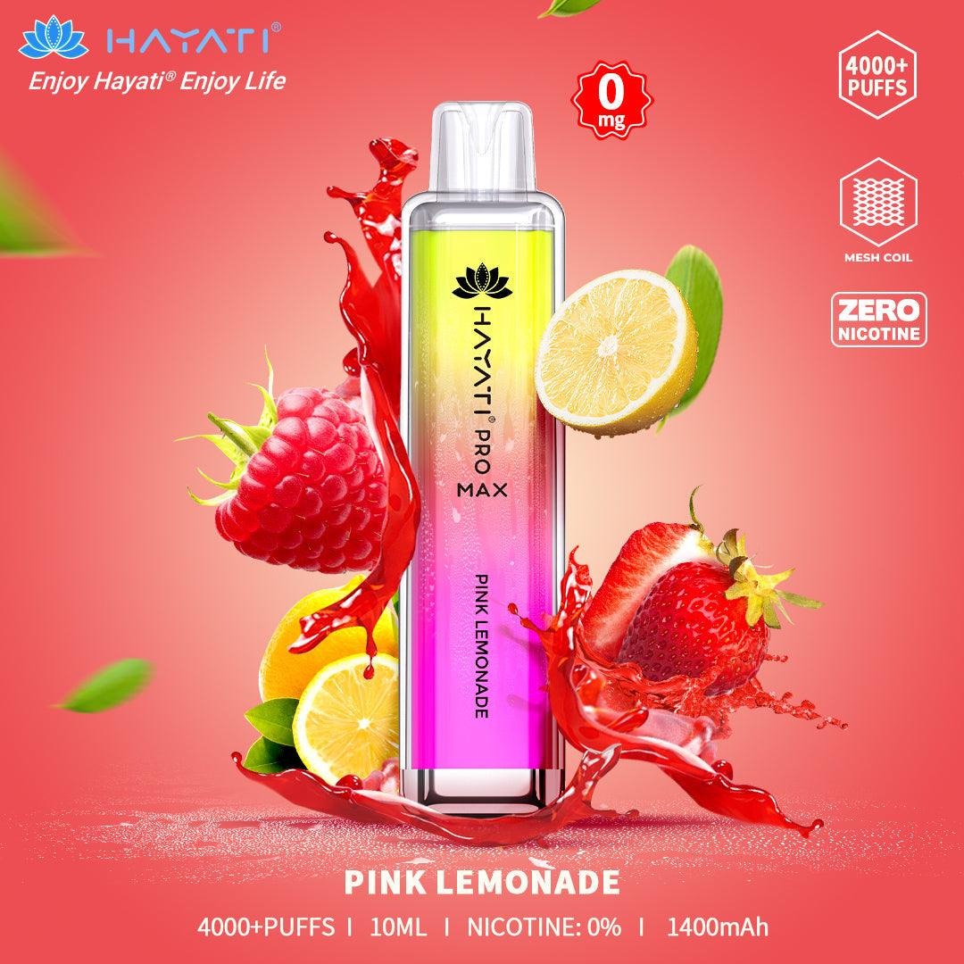 Hayati Pro Max vape device with pink lemonade flavor on a colorful background