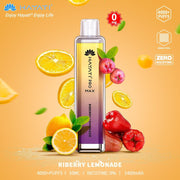 Hayati Pro Max vape device with riberry lemonade flavor on a yellow background with fruit graphics