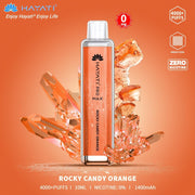 Hayati Pro Max Rocky Candy Orange vape device with crystal background on an orange gradient background