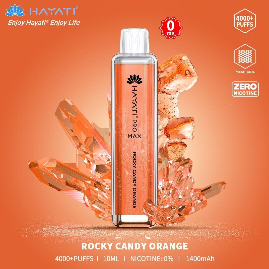 Hayati Pro Max Rocky Candy Orange vape device with crystal background on an orange gradient background