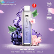 Hayati Pro Max Sakura Grape vape device with grapes, flowers, and water droplets on a purple background.
