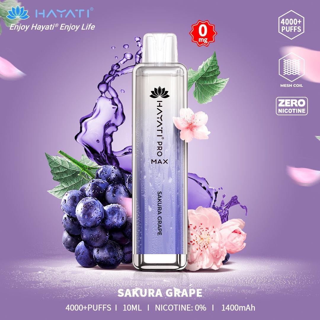 Hayati Pro Max Sakura Grape vape device with grapes, flowers, and water droplets on a purple background.