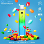 Hayati Pro Max vape device with Skittles flavor on a blue background