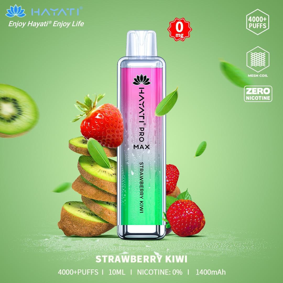 Hayati Pro Max Strawberry Kiwi vape device with fruits on a green background