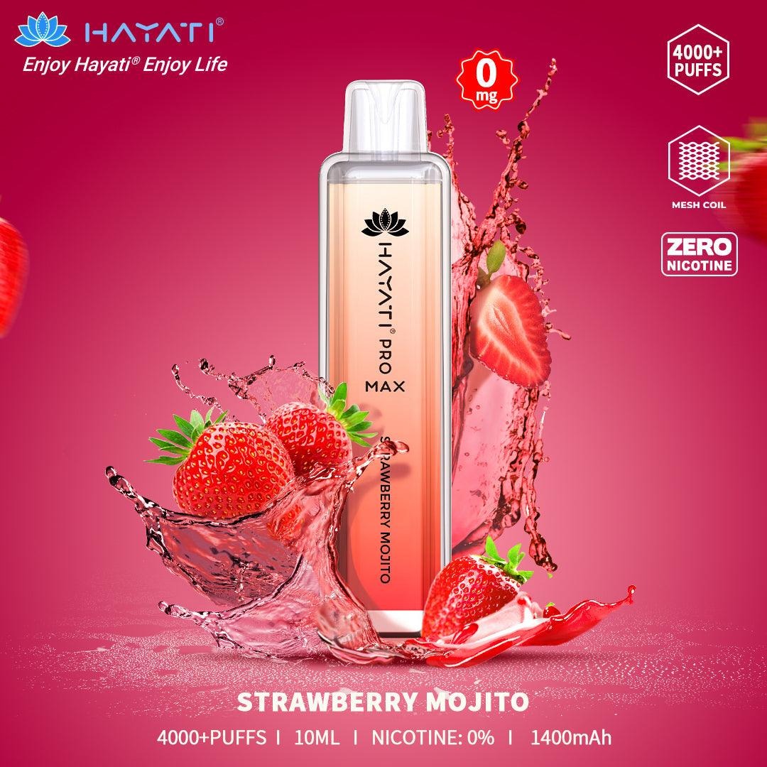 Hayati Pro Max Strawberry Mojito vape device with strawberries and water splash on a pink background