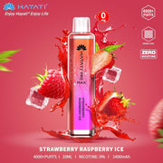 Hayati Pro Max strawberry raspberry ice vape device with strawberries and ice cubes on a red background