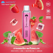 Hayati Pro Max Strawberry Watermelon vape device on a red background with watermelon slices and ice cubes.