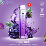 Hayati Pro Max vape device with purple grapes and water splash on a purple background