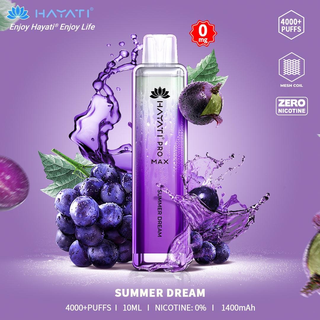 Hayati Pro Max vape device with purple grapes and water splash on a purple background