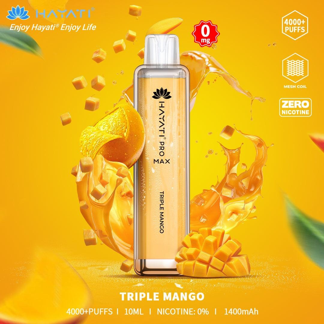 Hayati Pro Max Triple Mango vape device on a yellow background with mango pieces and brand logo.