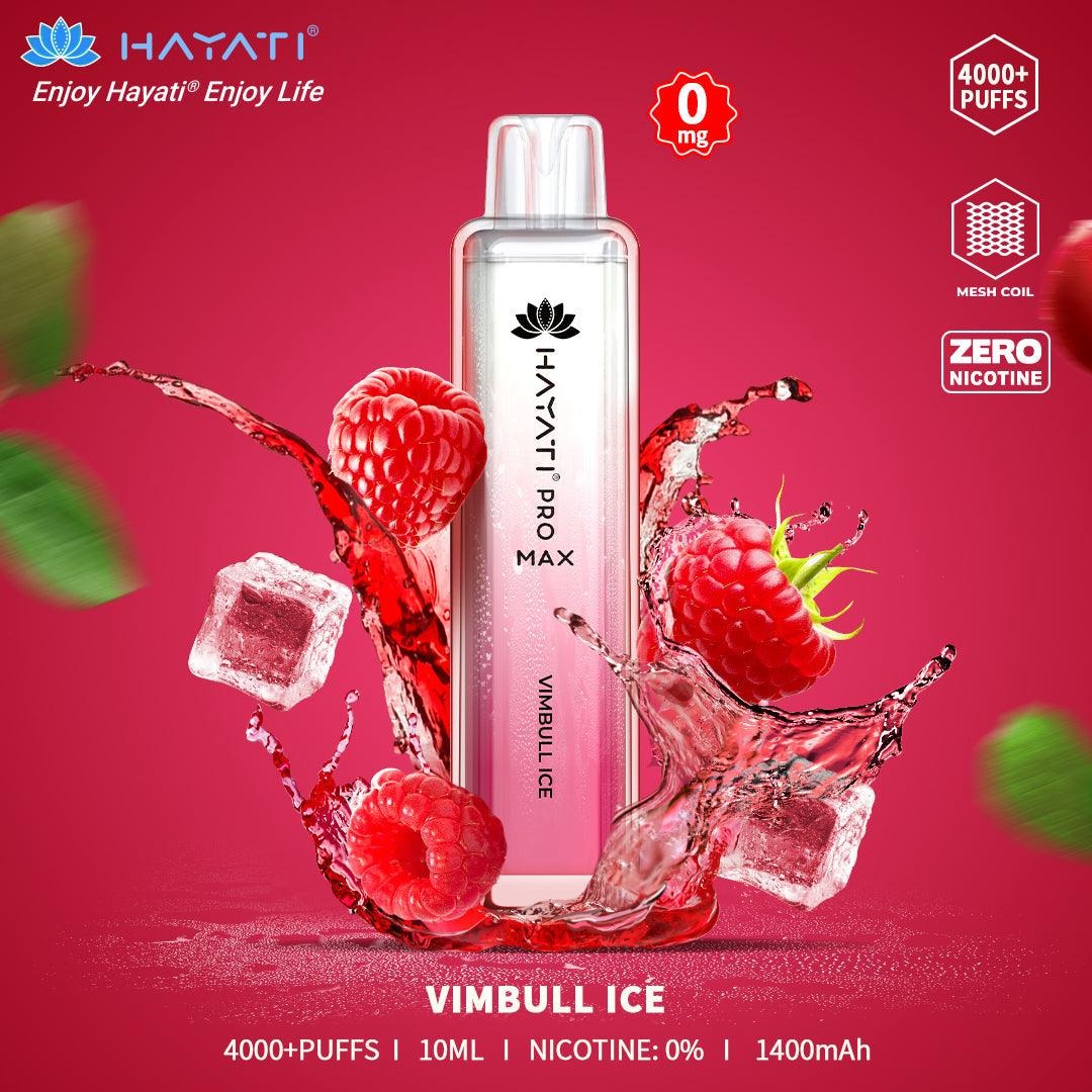 Hayati Pro Max Vimbull Ice vape device with raspberries and ice cubes on a red background