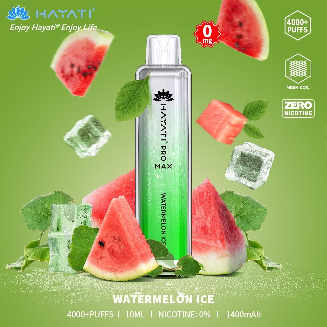 Hayati Pro Max watermelon ice vape device with watermelon slices and ice cubes on a green background